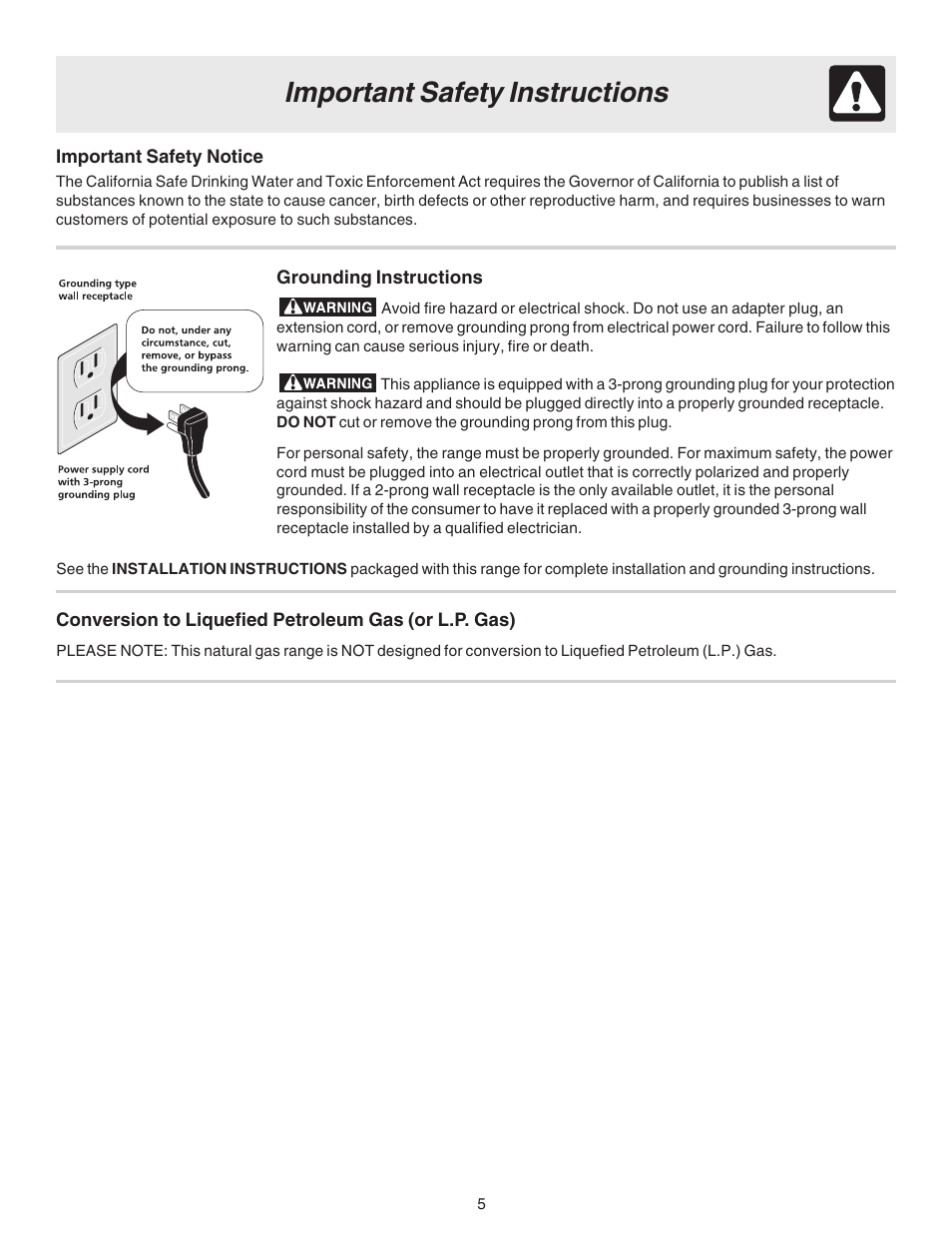 Important safety instructions | FRIGIDAIRE 316417128 User Manual | Page 5 / 36