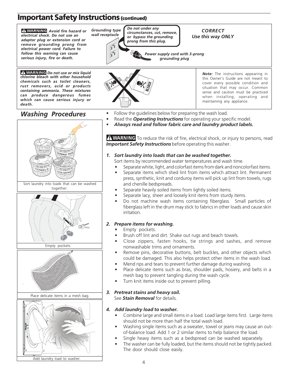 Important safety instructions, Washing procedures | FRIGIDAIRE 134849000A User Manual | Page 4 / 11