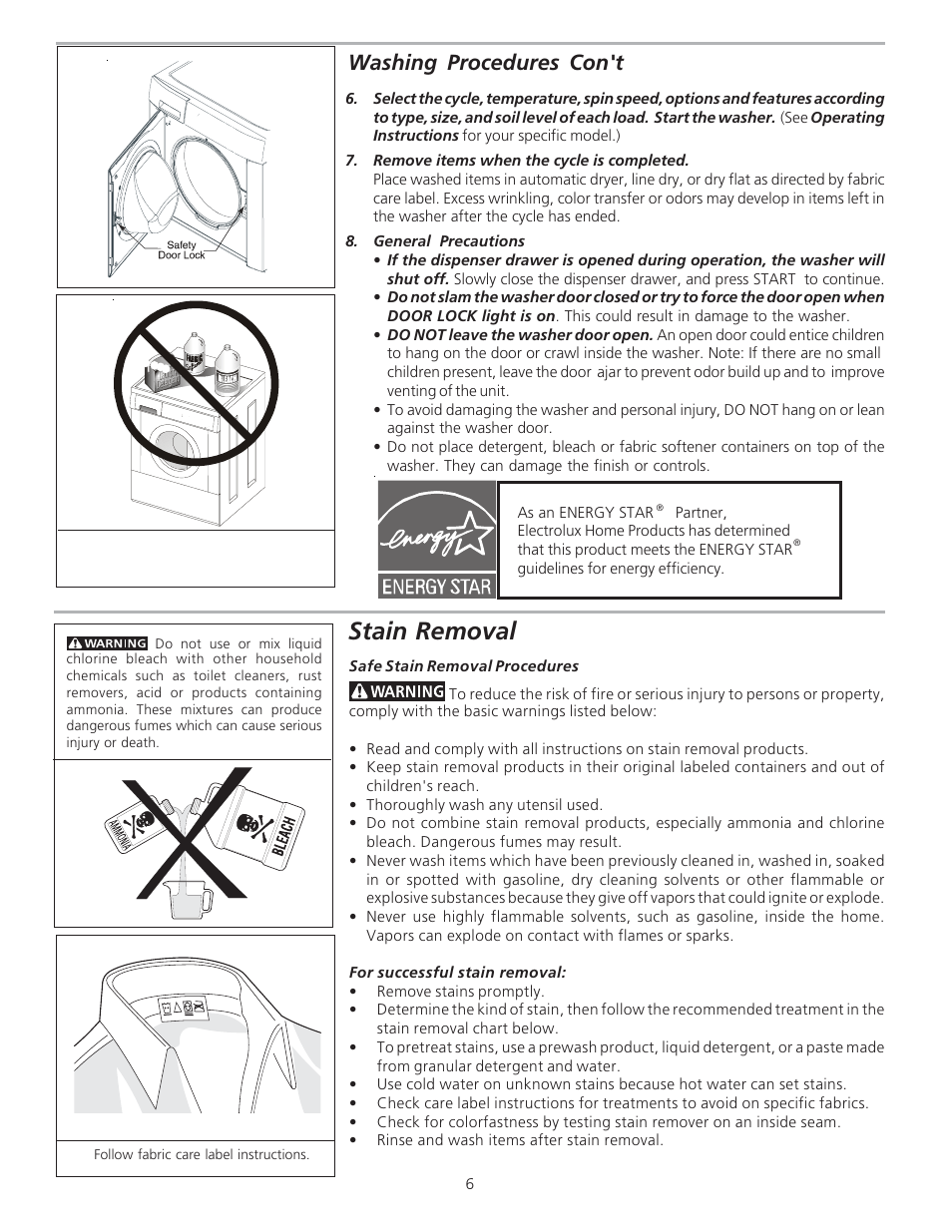 Stain removal, Washing procedures con't | FRIGIDAIRE 134849000A User Manual | Page 6 / 11