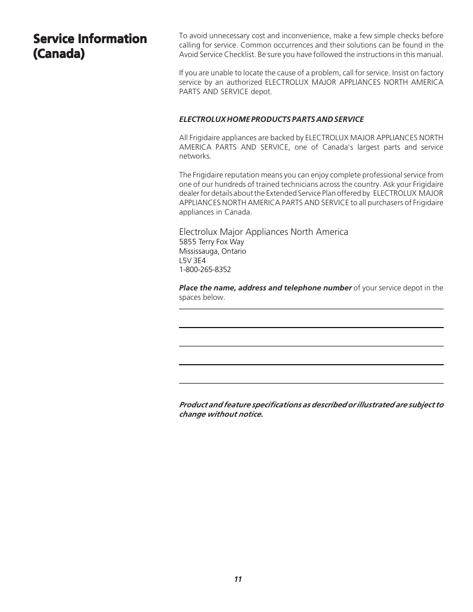Service information | FRIGIDAIRE 131843000E User Manual | Page 11 / 12