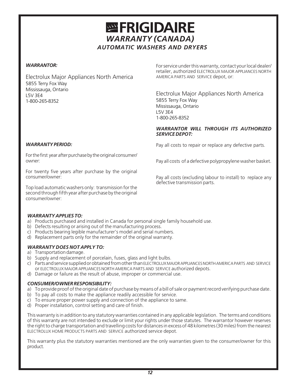 Warranty (canada) | FRIGIDAIRE 131843000E User Manual | Page 12 / 12