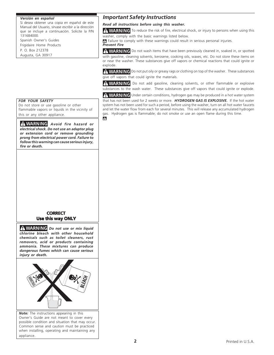 Important safety instructions | FRIGIDAIRE 131843000E User Manual | Page 2 / 12