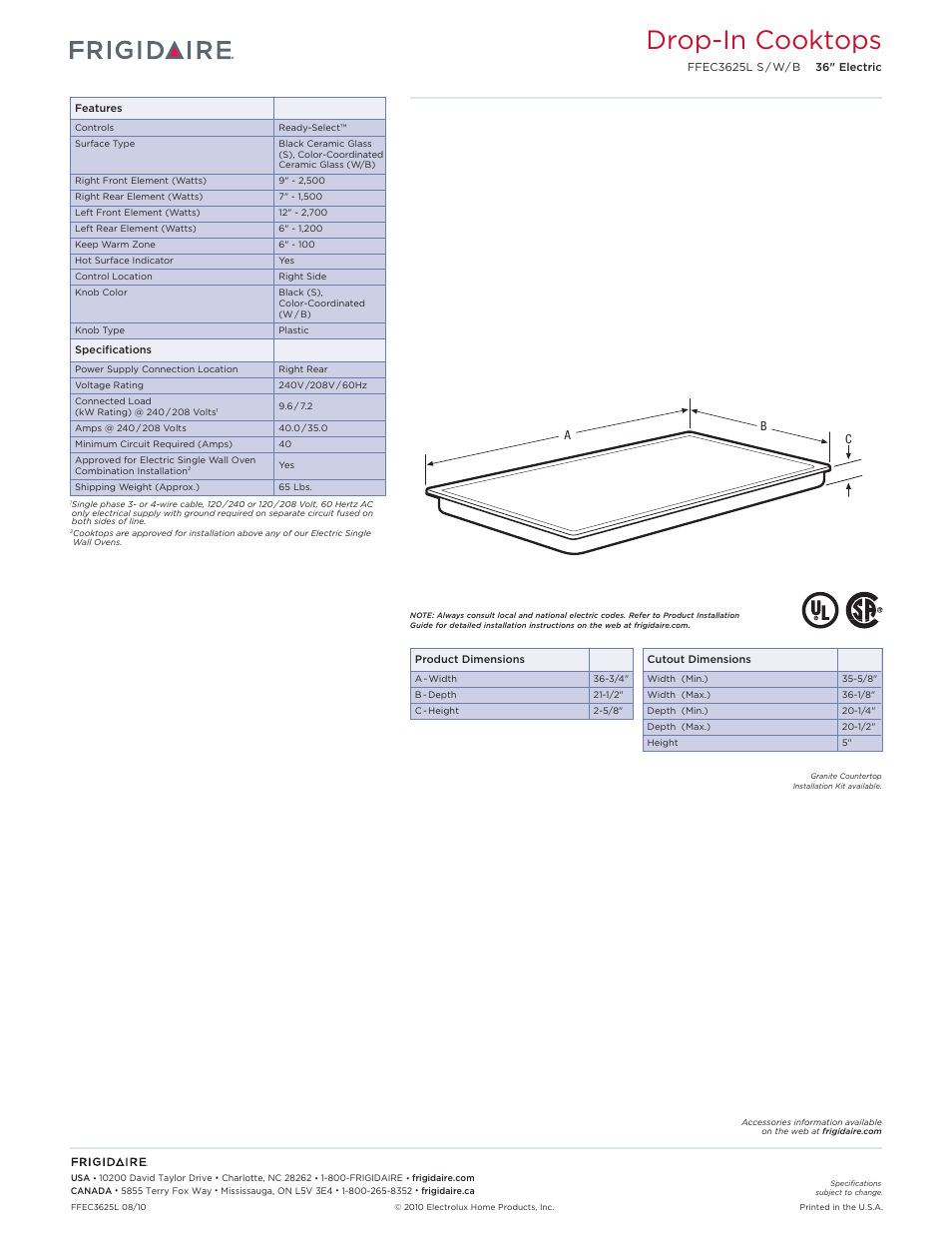 Drop-in electric cooktops frigidaire baseline, Drop-in cooktops | FRIGIDAIRE FFEC3625L User Manual | Page 2 / 3