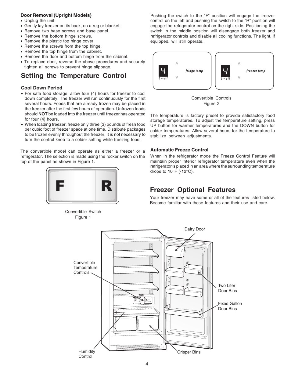 Setting the temperature control, Freezer optional features | FRIGIDAIRE 297245000 User Manual | Page 4 / 9