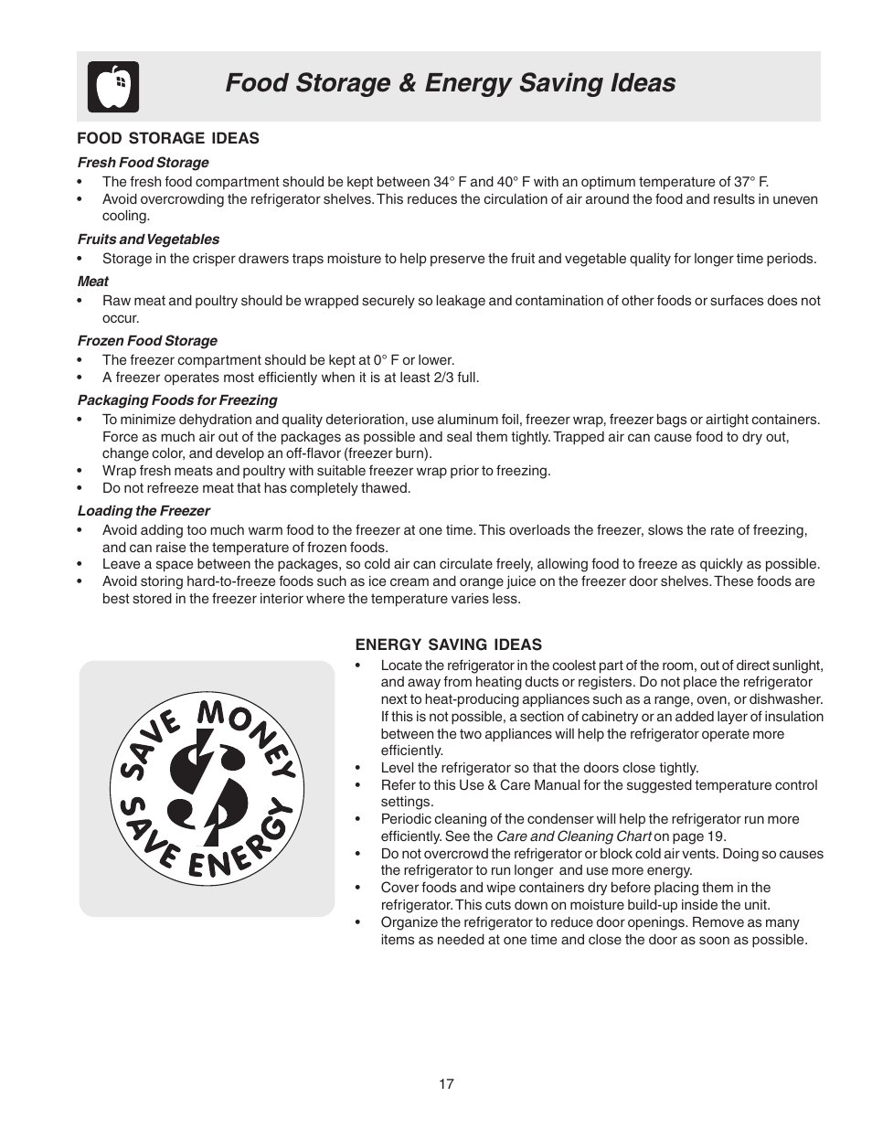Food storage & energy saving ideas | Electrolux Side by Side Regrigerator User Manual | Page 17 / 25