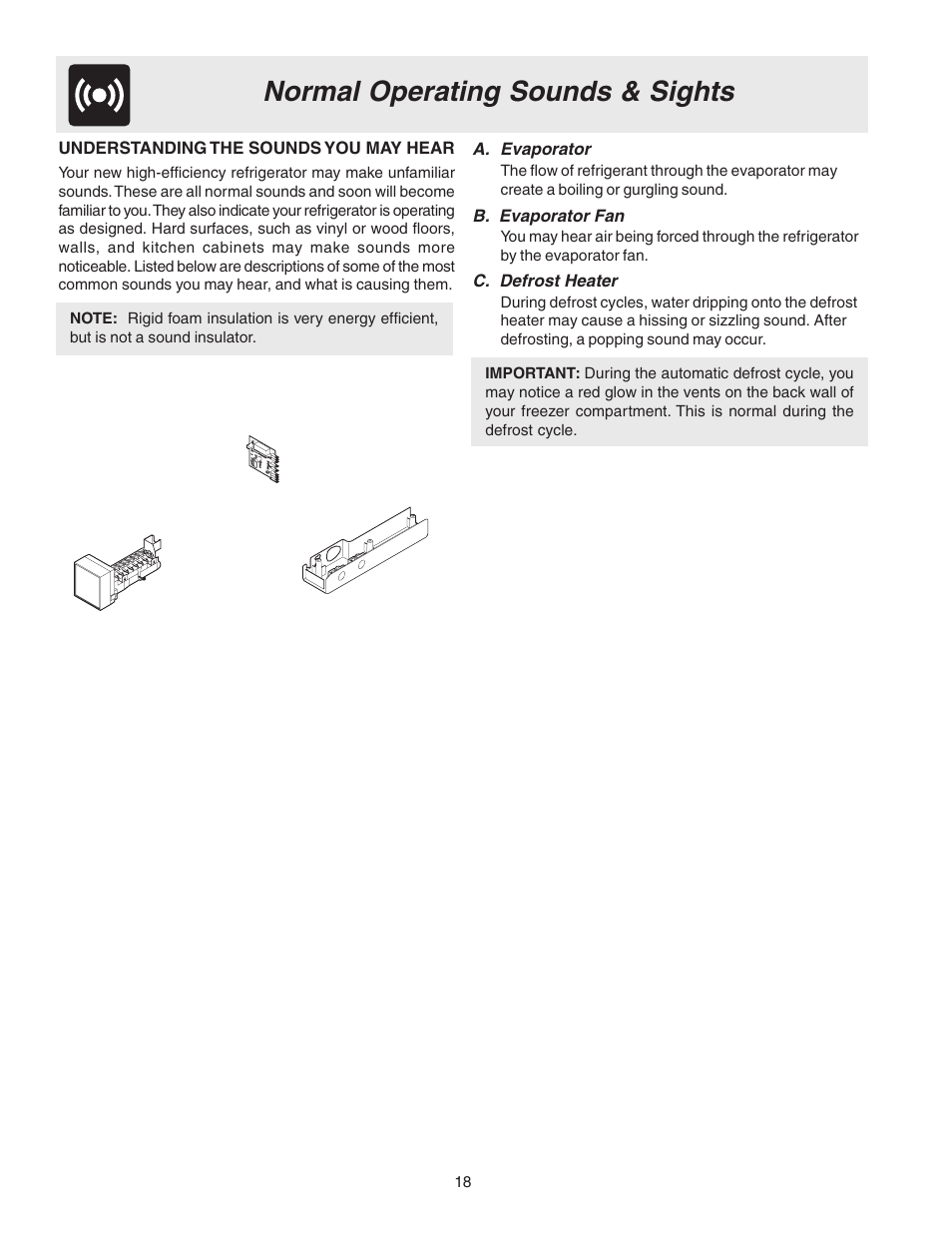 Normal operating sounds & sights | Electrolux Side by Side Regrigerator User Manual | Page 18 / 25