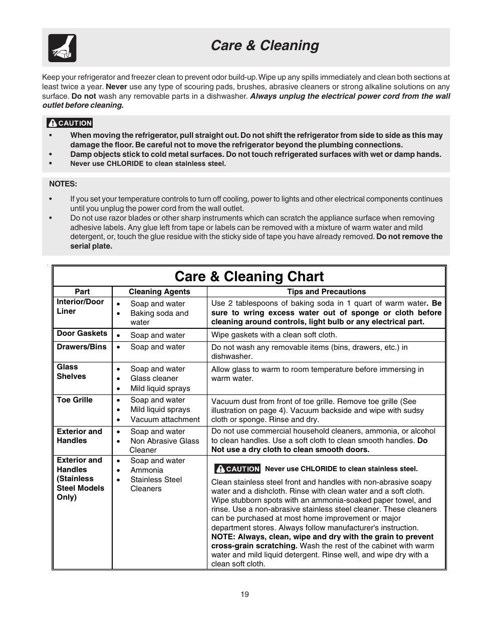 Care & cleaning, Care & cleaning chart | Electrolux Side by Side Regrigerator User Manual | Page 19 / 25