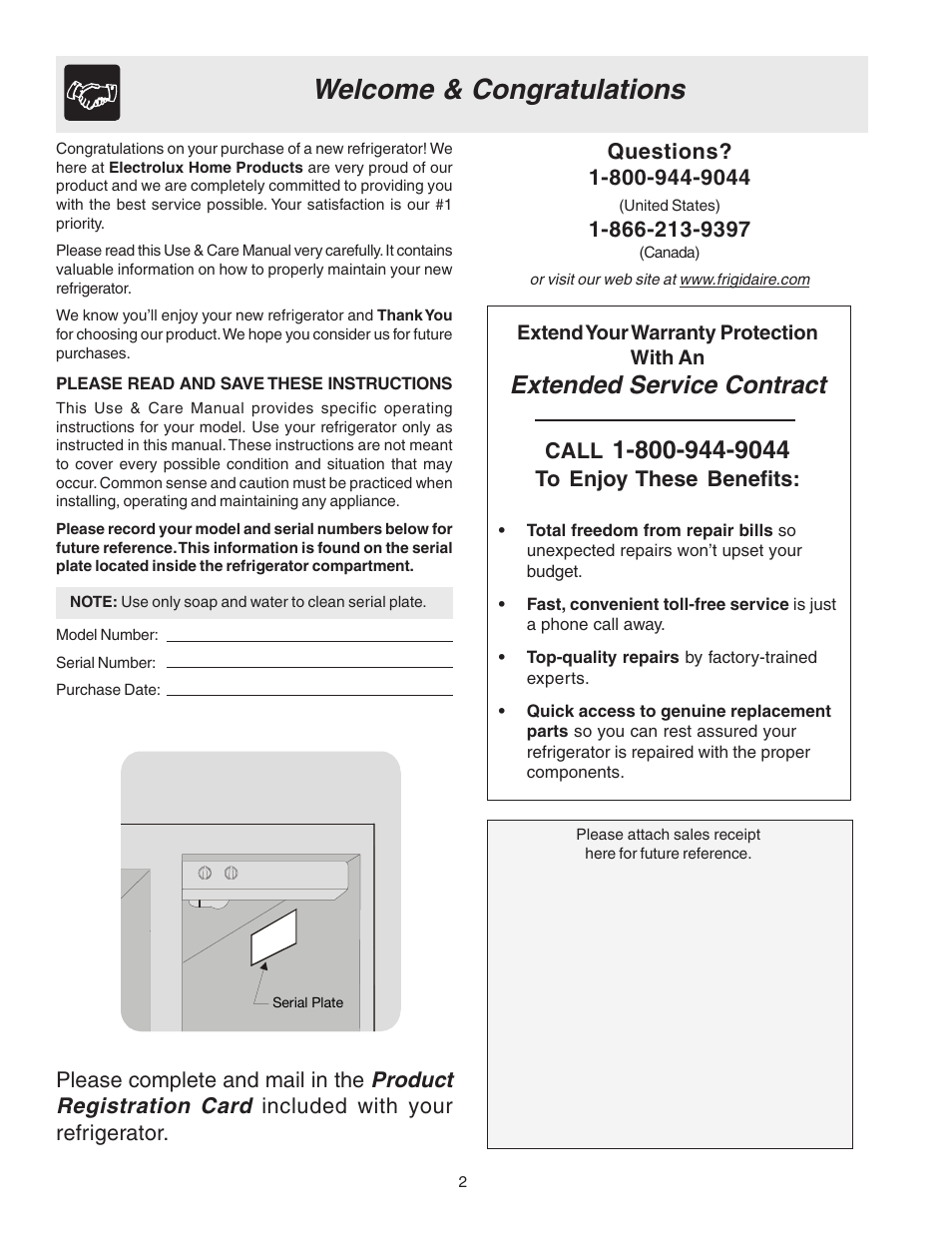 Extended service contract, Product registration card | Electrolux Side by Side Regrigerator User Manual | Page 2 / 25