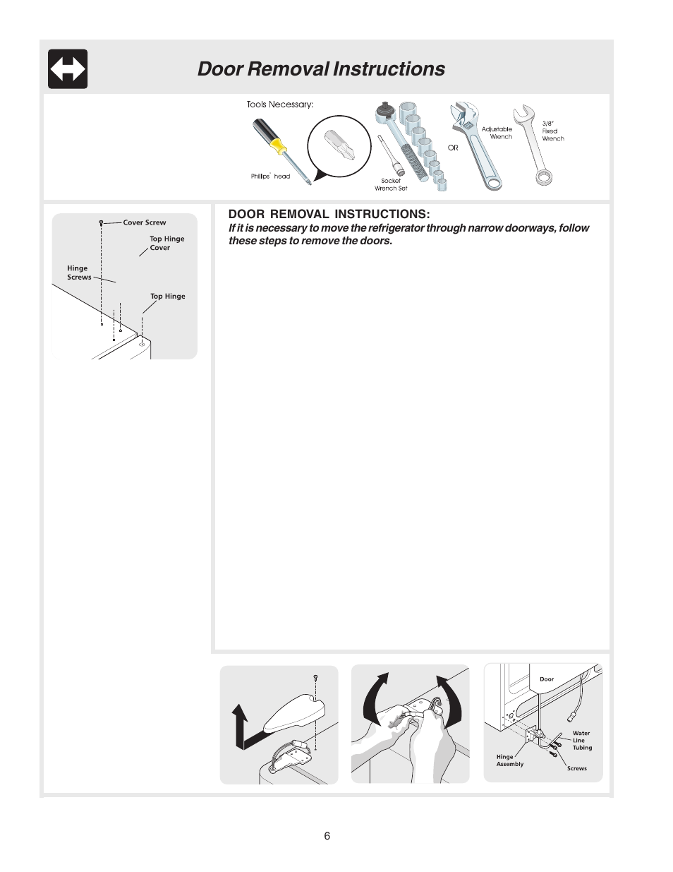 Door removal instructions | Electrolux Side by Side Regrigerator User Manual | Page 6 / 25