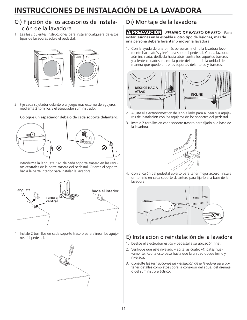 Instrucciones de instalación de la lavadora | FRIGIDAIRE 137147900 A User Manual | Page 11 / 16