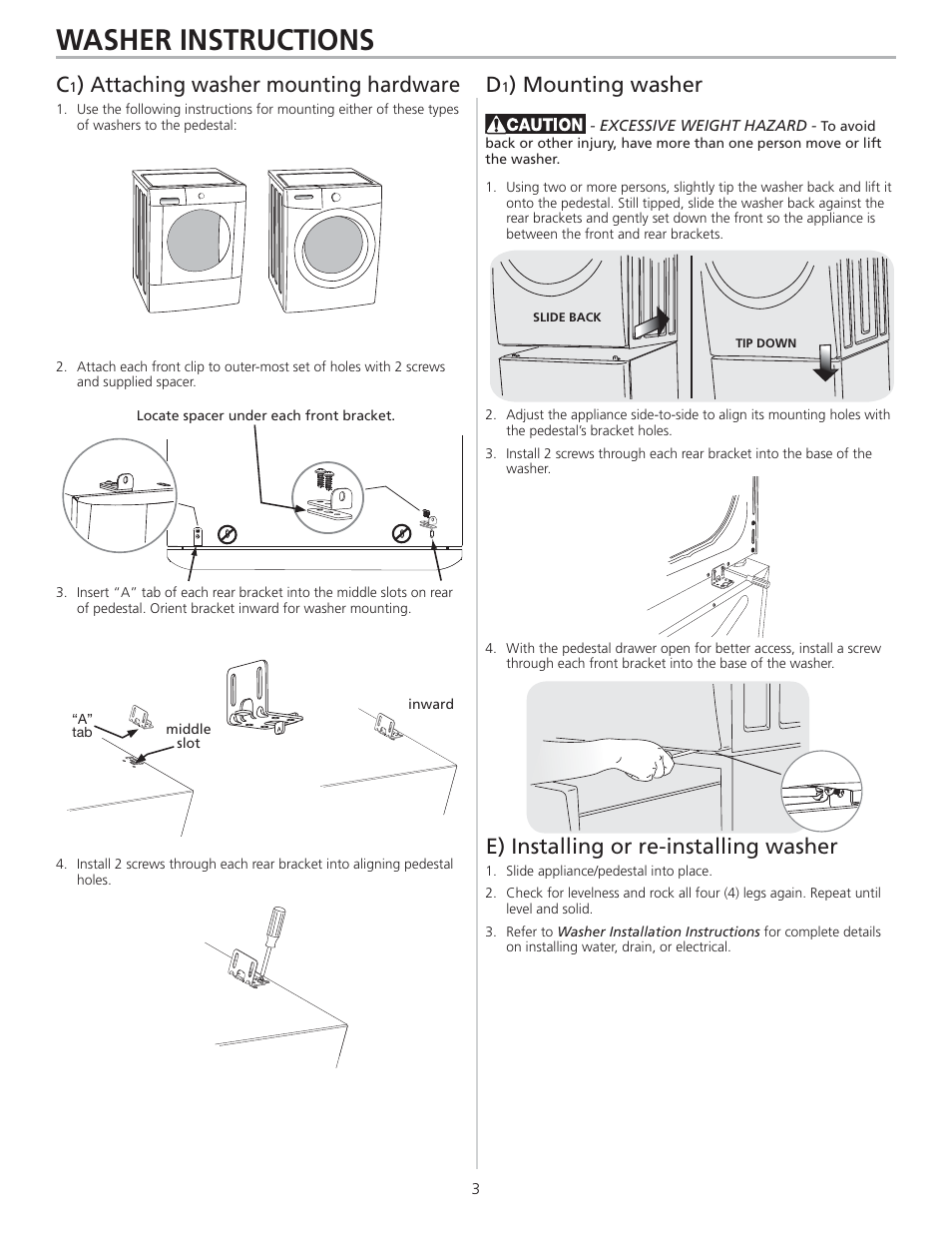 Washer instructions, Attaching washer mounting hardware | FRIGIDAIRE 137147900 A User Manual | Page 3 / 16