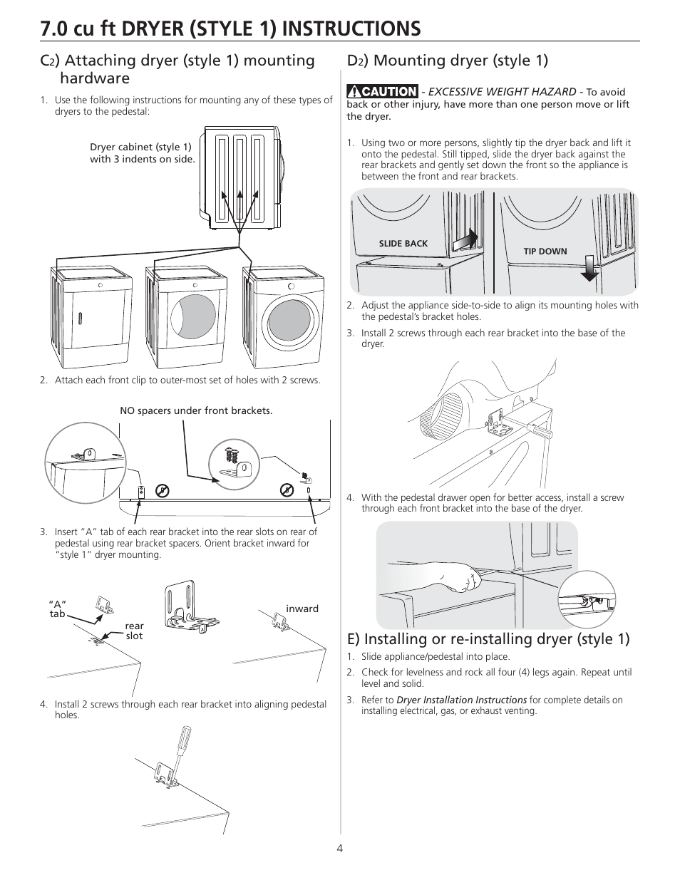 0 cu ft dryer (style 1) instructions, Attaching dryer (style 1) mounting hardware d | FRIGIDAIRE 137147900 A User Manual | Page 4 / 16