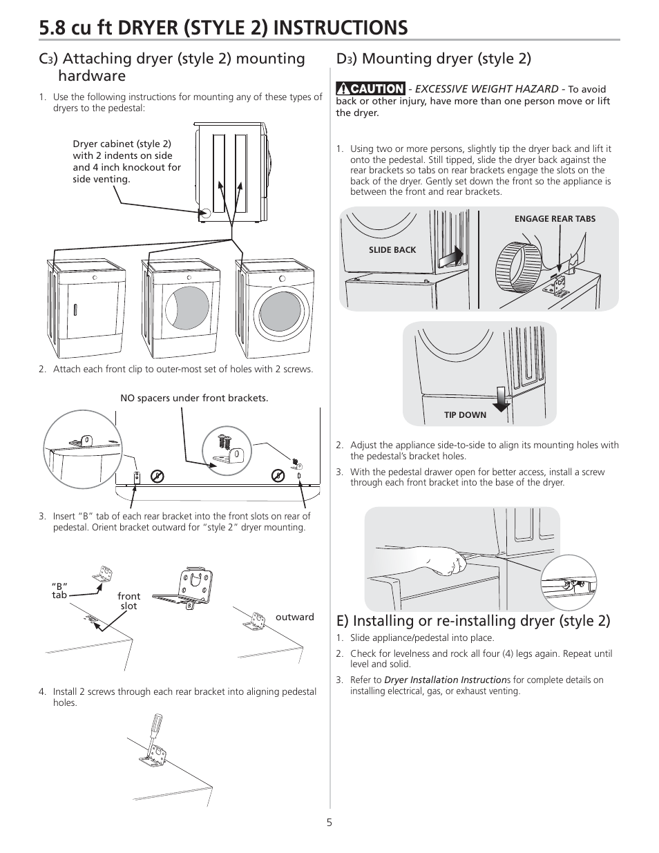 8 cu ft dryer (style 2) instructions, Attaching dryer (style 2) mounting hardware d | FRIGIDAIRE 137147900 A User Manual | Page 5 / 16