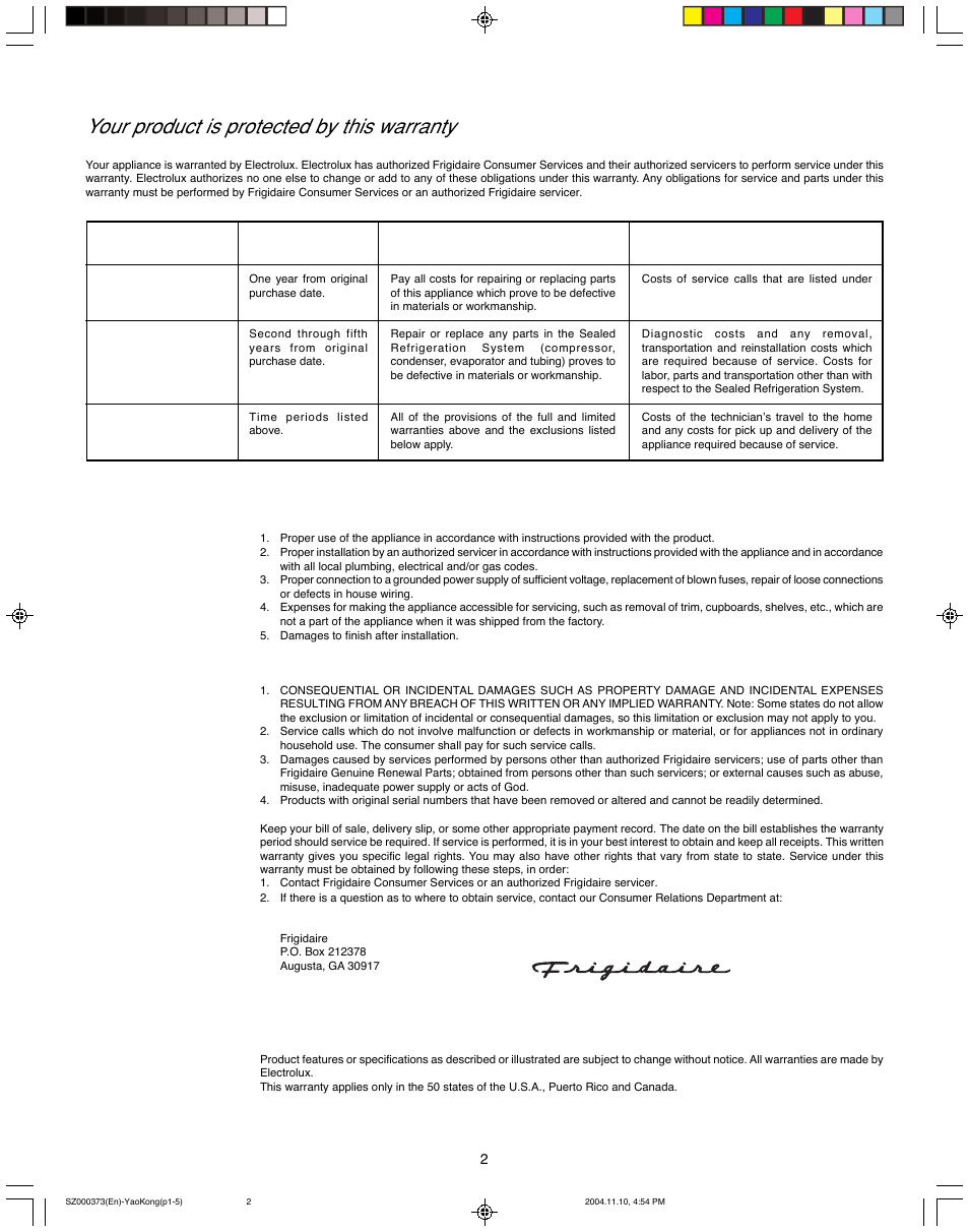 Room air conditioner warranty, Your product is protected by this warranty | FRIGIDAIRE 220201d036 User Manual | Page 2 / 7