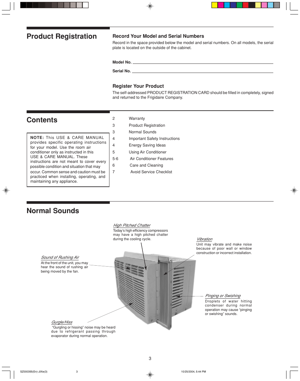 Product registration contents normal sounds | FRIGIDAIRE 220201d036 User Manual | Page 3 / 7