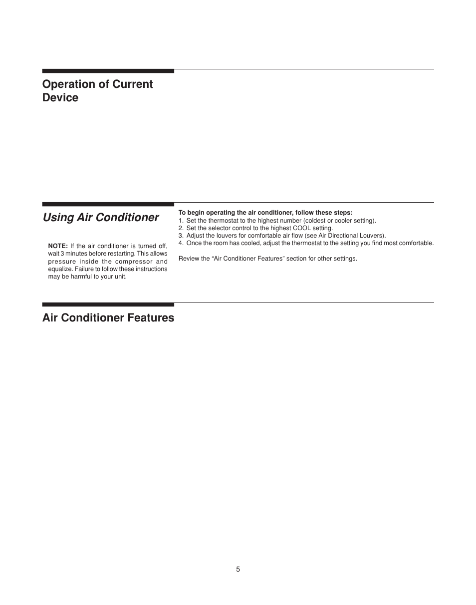 Using air conditioner, Air conditioner features, Operation of current device | FRIGIDAIRE 220201d036 User Manual | Page 5 / 7
