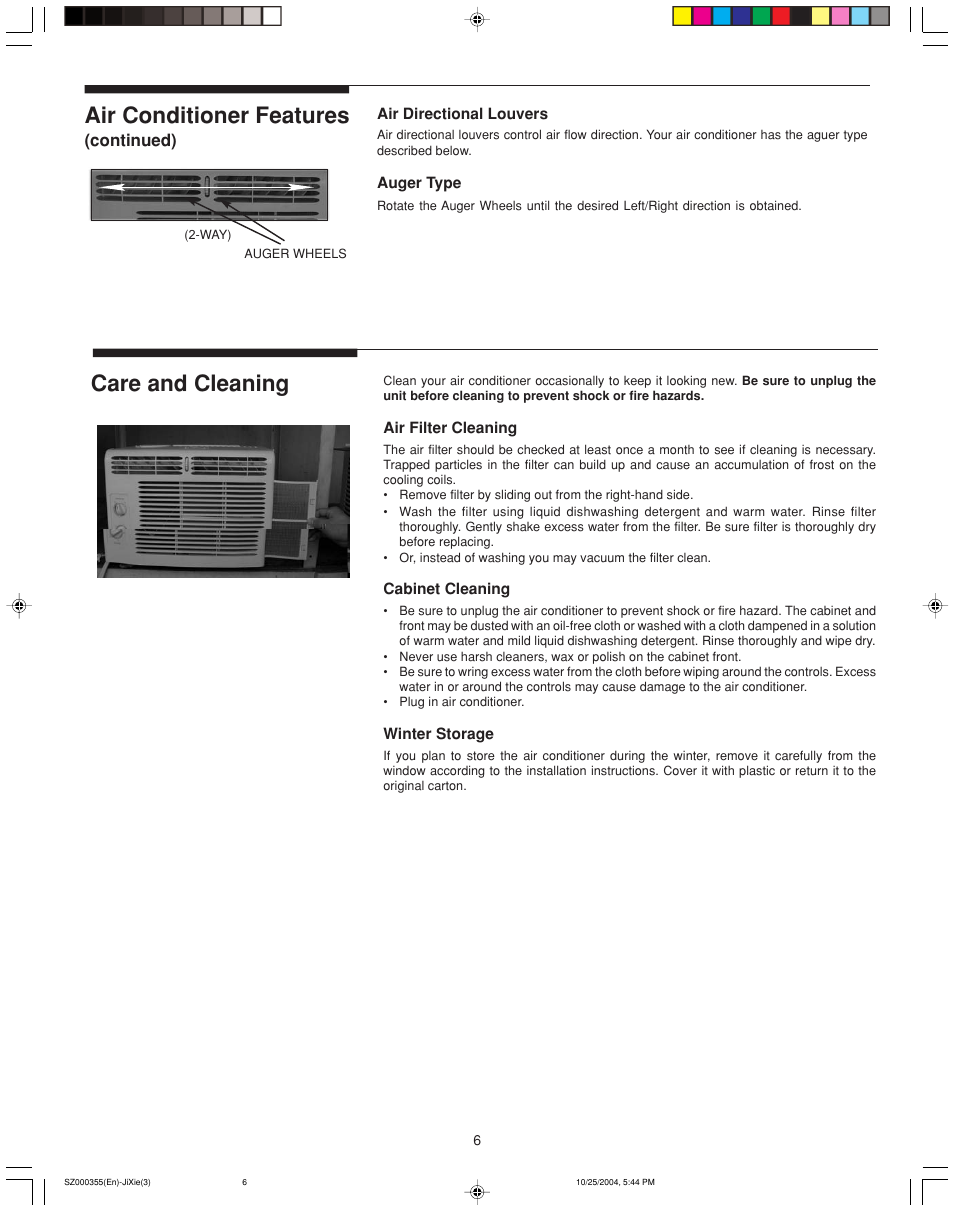 Air conditioner features, Care and cleaning | FRIGIDAIRE 220201d036 User Manual | Page 6 / 7