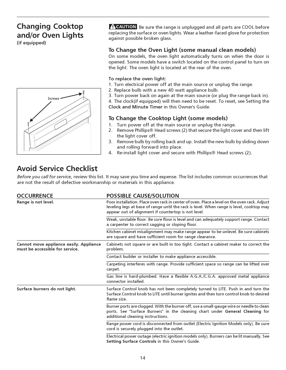 Avoid service checklist, Changing cooktop and/or oven lights | FRIGIDAIRE 316135932 User Manual | Page 14 / 16