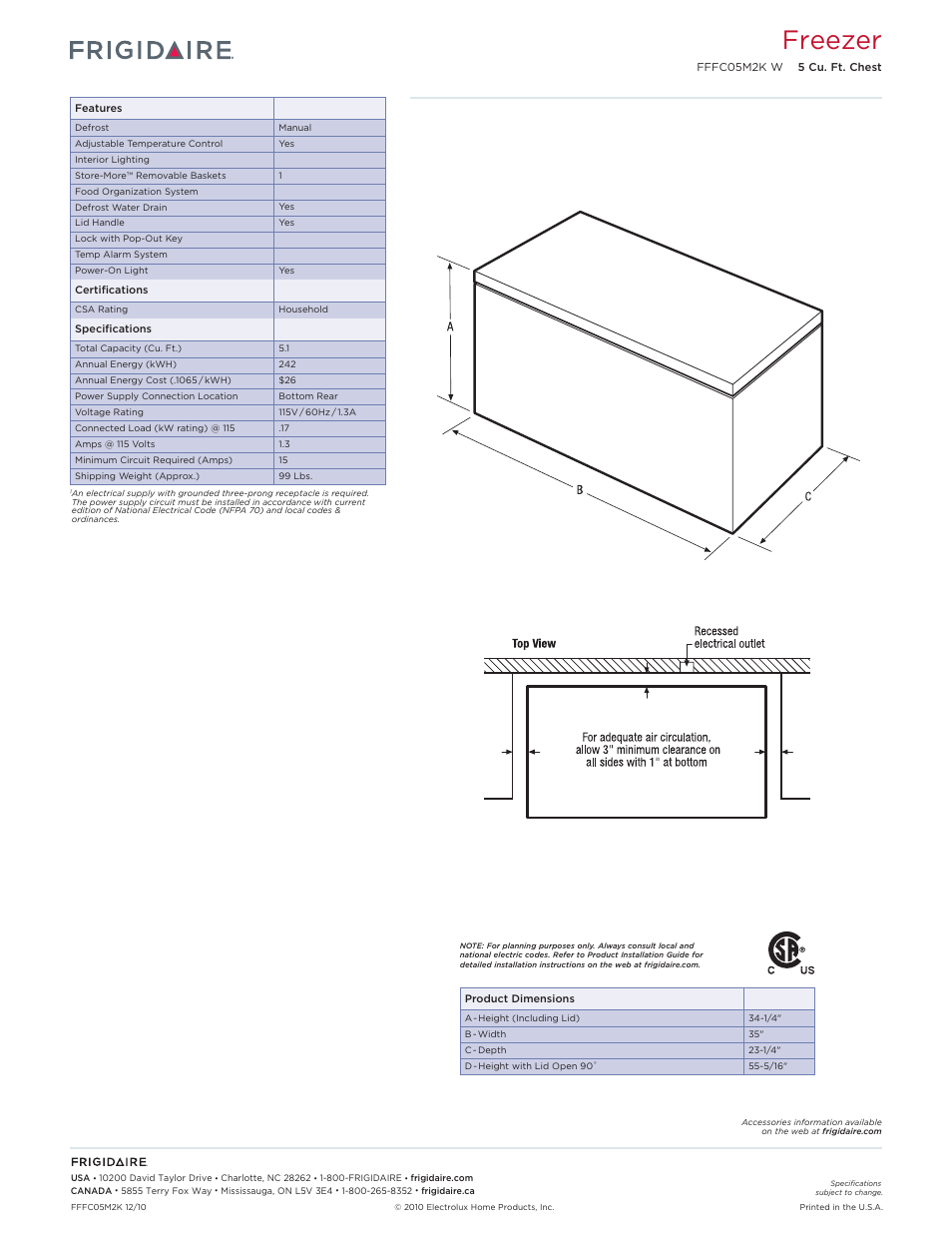 Chest freezers frigidaire baseline, Freezer | FRIGIDAIRE FFFC05M2KW User Manual | Page 2 / 2