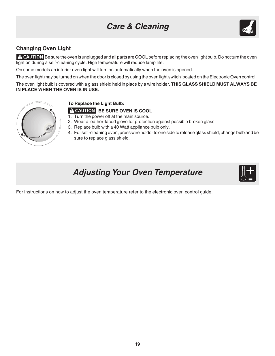 Adjusting your oven temperature, Care & cleaning | FRIGIDAIRE 318203858 User Manual | Page 19 / 22