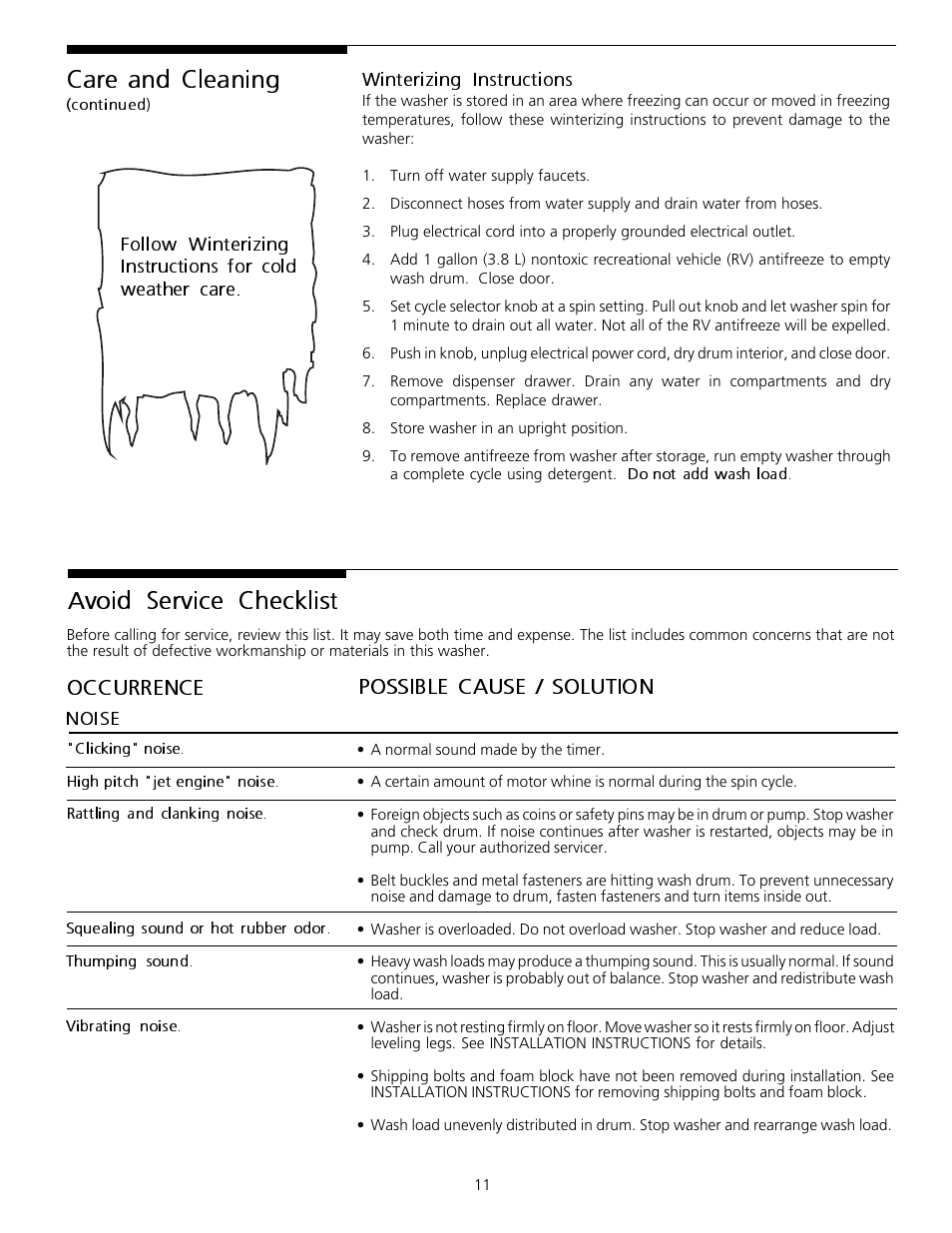 Care and cleaning, Avoid service checklist, Possible cause / solution occurrence | FRIGIDAIRE Tumble Action Washers User Manual | Page 11 / 14