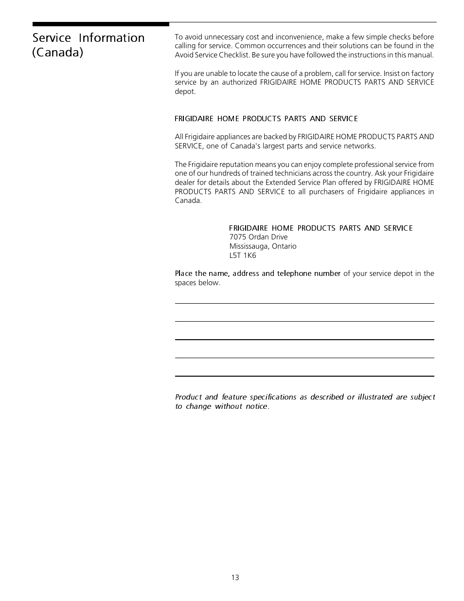 Service information (canada) | FRIGIDAIRE Tumble Action Washers User Manual | Page 13 / 14