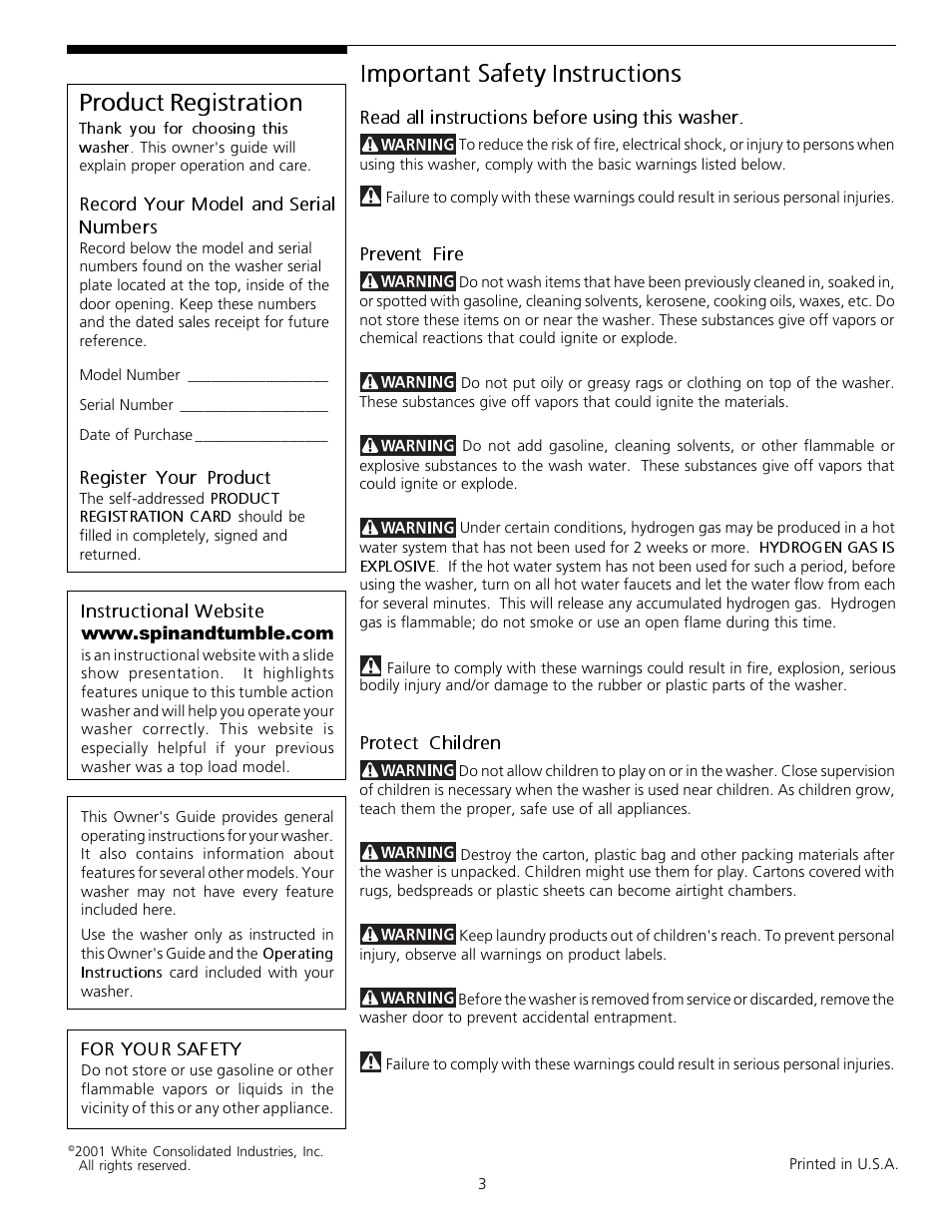 Important safety instructions, Product registration | FRIGIDAIRE Tumble Action Washers User Manual | Page 3 / 14