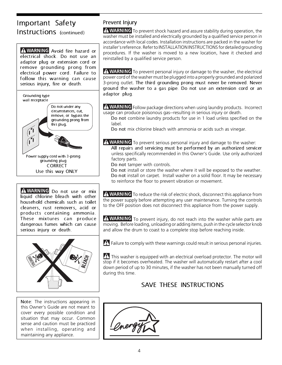 Important safety instructions, Save these instructions | FRIGIDAIRE Tumble Action Washers User Manual | Page 4 / 14