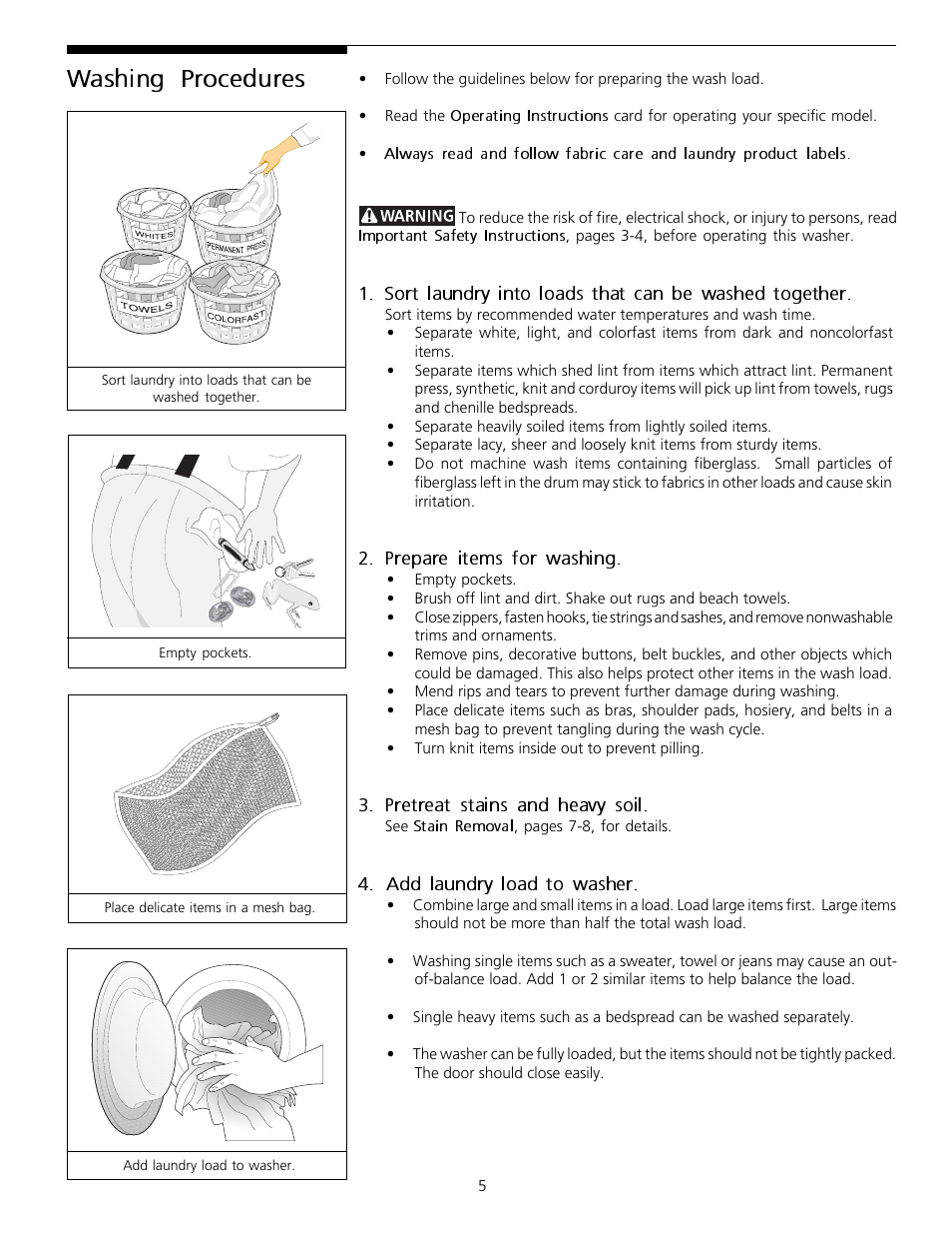 Washing procedures | FRIGIDAIRE Tumble Action Washers User Manual | Page 5 / 14