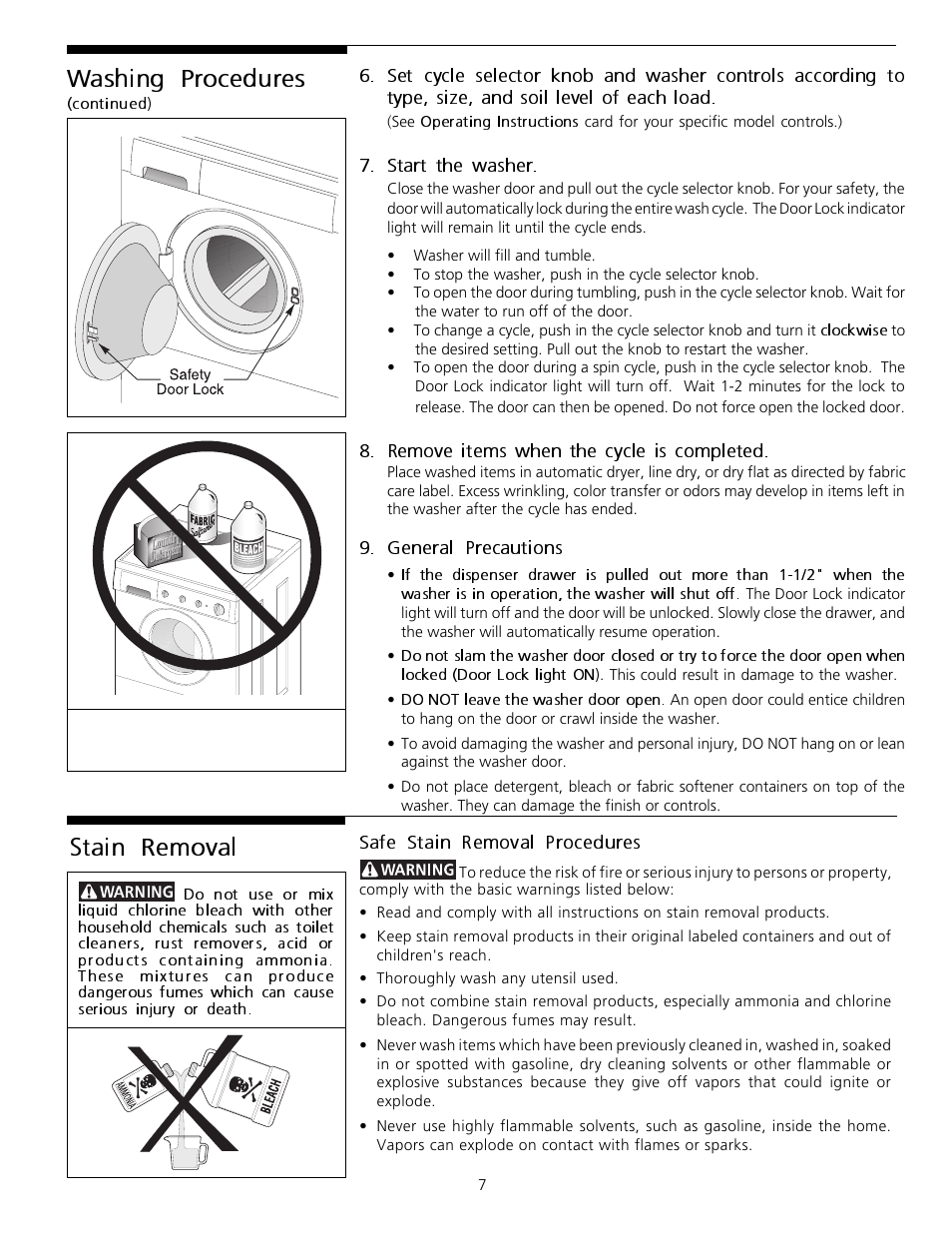 Washing procedures, Stain removal | FRIGIDAIRE Tumble Action Washers User Manual | Page 7 / 14