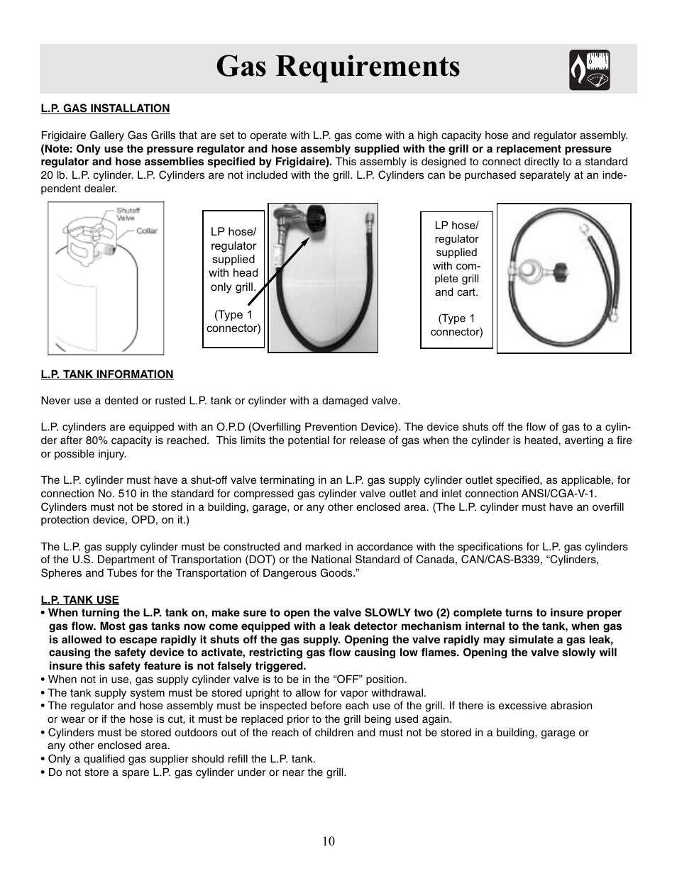 Gas requirements | FRIGIDAIRE Outdoor Grill with Electronic Ignition User Manual | Page 10 / 19