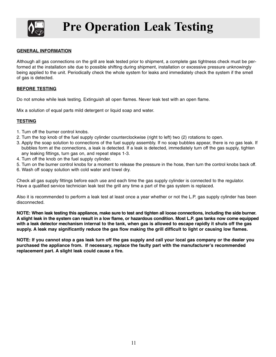 Pre operation leak testing | FRIGIDAIRE Outdoor Grill with Electronic Ignition User Manual | Page 11 / 19