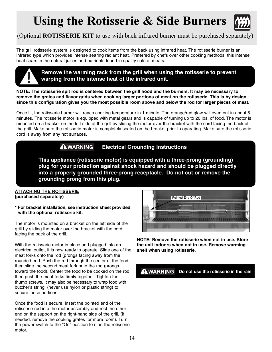 Using the rotisserie & side burners | FRIGIDAIRE Outdoor Grill with Electronic Ignition User Manual | Page 14 / 19