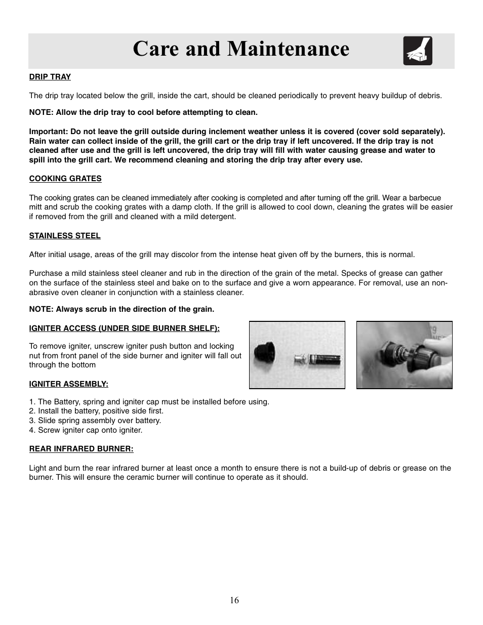 Care and maintenance | FRIGIDAIRE Outdoor Grill with Electronic Ignition User Manual | Page 16 / 19
