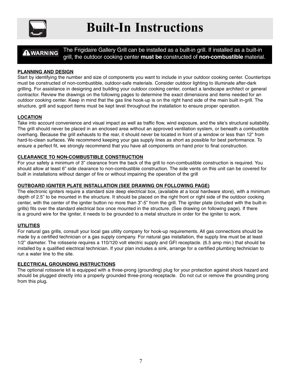 Built-in instructions | FRIGIDAIRE Outdoor Grill with Electronic Ignition User Manual | Page 7 / 19