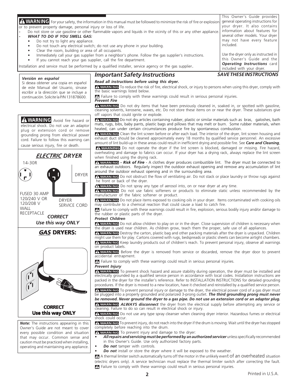 Electric, Important safety instructions, Dryer | Dryers | FRIGIDAIRE 134671200A User Manual | Page 2 / 7