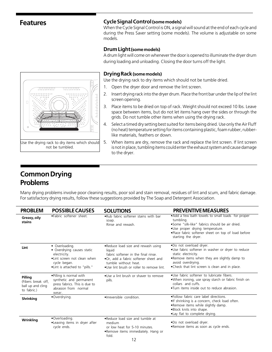 Features, Common drying problems, Cycle signal control | Drum light, Drying rack | FRIGIDAIRE 131781700 User Manual | Page 11 / 16