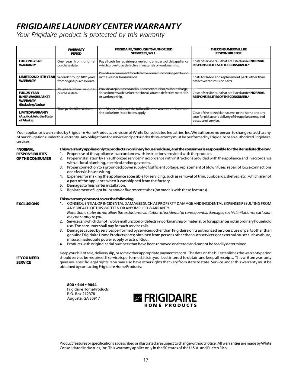 Frigidaire laundry center warranty | FRIGIDAIRE 131781700 User Manual | Page 16 / 16