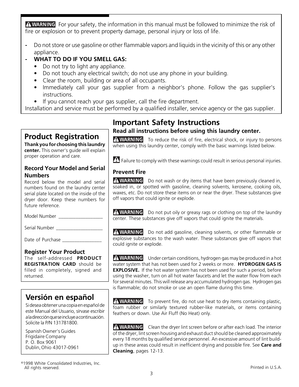 Important safety instructions, Product registration, Versión en español | FRIGIDAIRE 131781700 User Manual | Page 2 / 16