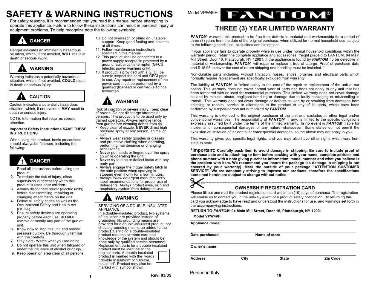 Safety & warning instructions, Three (3) year limited warranty | Fantom Vacuum VPW49H User Manual | Page 2 / 6
