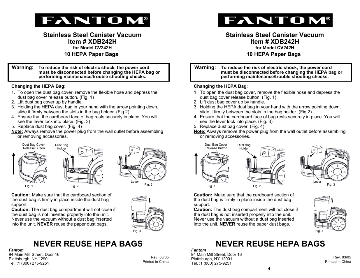 Fantom Vacuum CV242H User Manual | 1 page