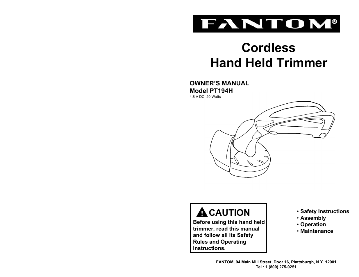 Fantom Vacuum PT194H User Manual | 6 pages