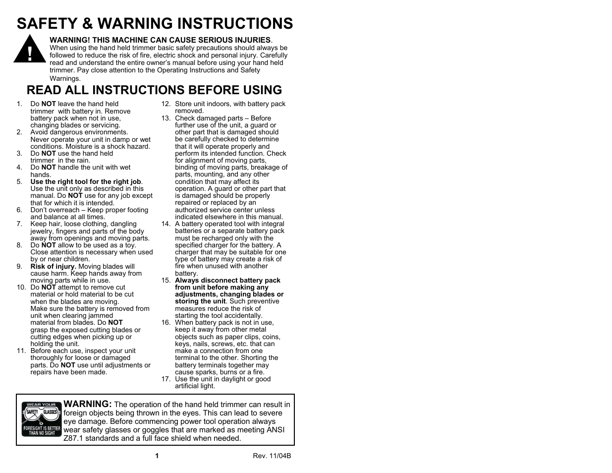 Safety & warning instructions, Read all instructions before using, Warning | Fantom Vacuum PT194H User Manual | Page 2 / 6
