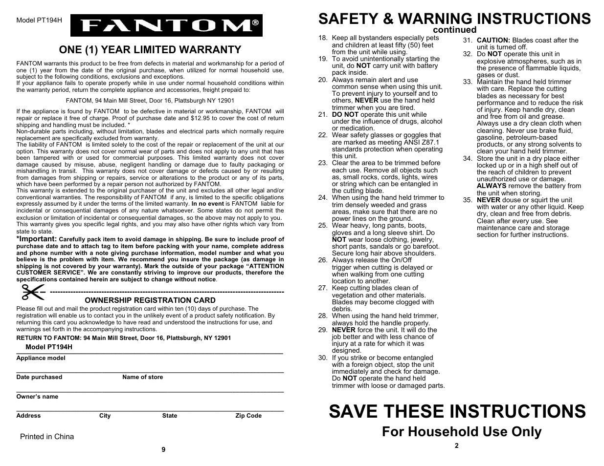 Save these instructions, Safety & warning instructions, For household use only | One (1) year limited warranty, Continued | Fantom Vacuum PT194H User Manual | Page 3 / 6