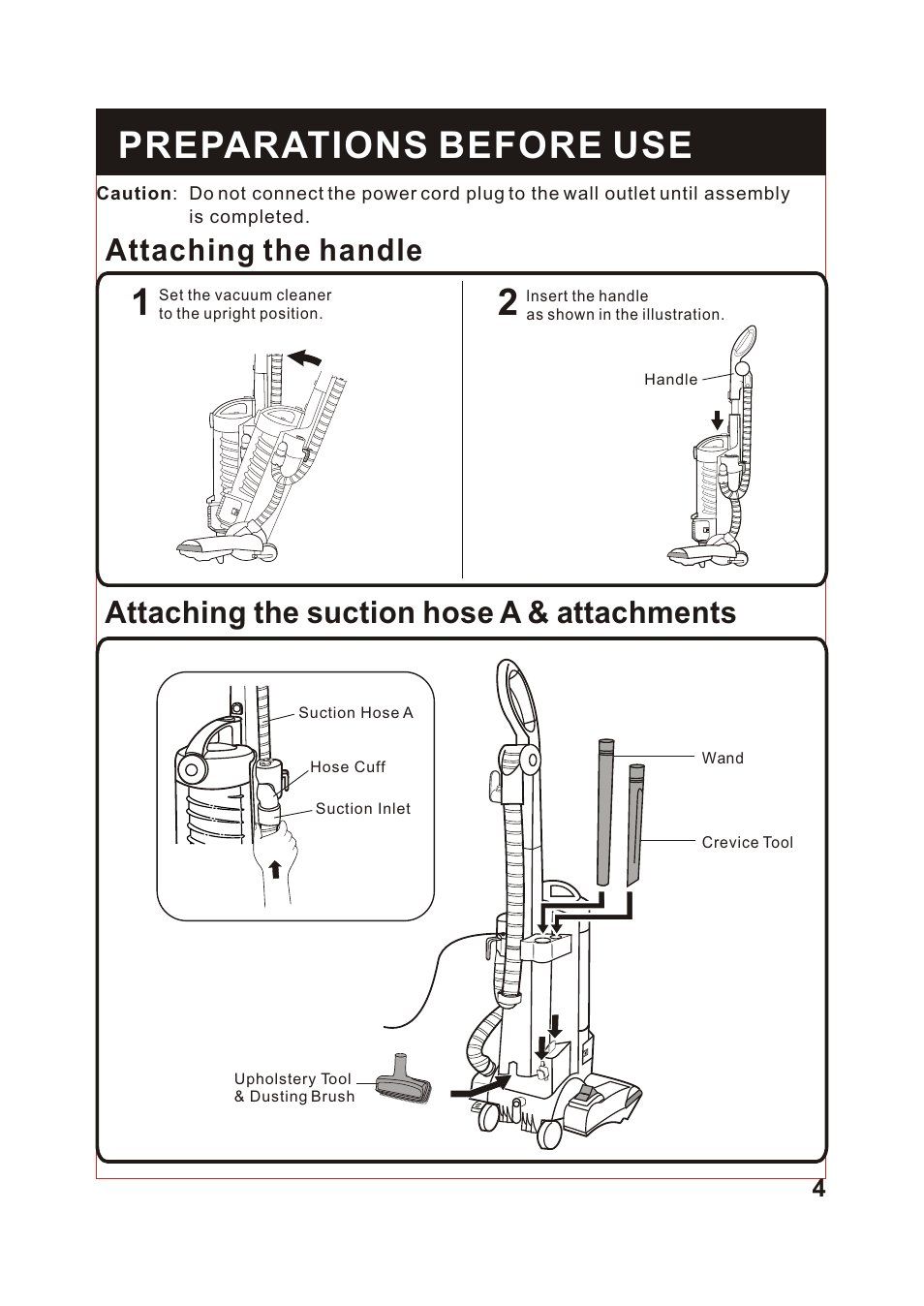 Т³гж 5, Preparations before use, Attaching the handle | Attaching the suction hose a & attachments | Fantom Vacuum FM741 User Manual | Page 5 / 18