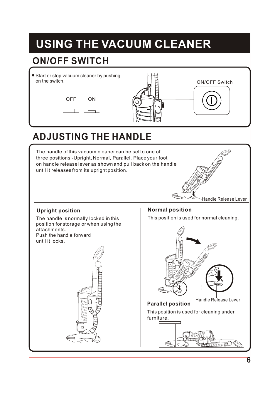 Т³гж 7, Using the vacuum cleaner, On/off switch | Adjusting the handle | Fantom Vacuum FM741 User Manual | Page 7 / 18