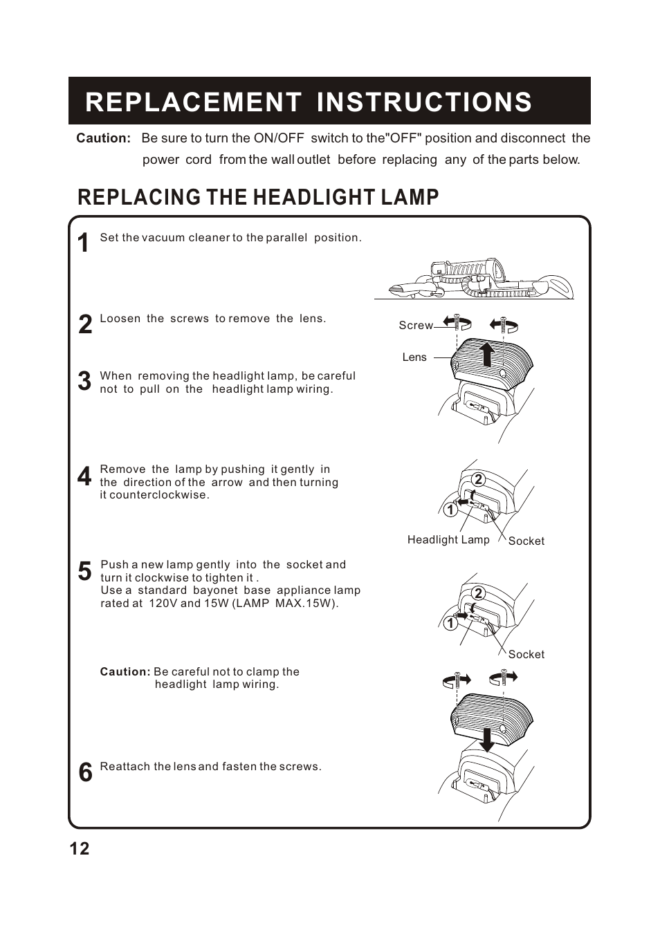 Т³гж 13, Replacement instructions, Replacing the headlight lamp | Fantom Vacuum FM742H User Manual | Page 14 / 19