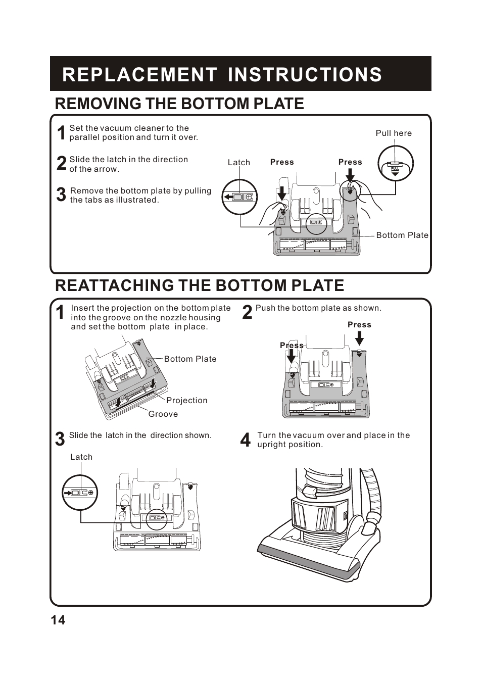 Т³гж 15, Removing the bottom plate, Reattaching the bottom plate | Fantom Vacuum FM742H User Manual | Page 16 / 19