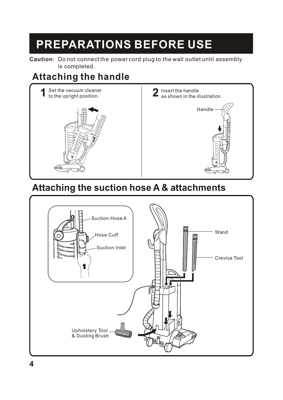 Т³гж 5, Preparations before use, Attaching the handle | Attaching the suction hose a & attachments | Fantom Vacuum FM742H User Manual | Page 6 / 19