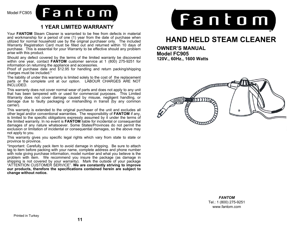 Fantom Vacuum FANTOM STEAM CLEANER FC905 User Manual | 6 pages